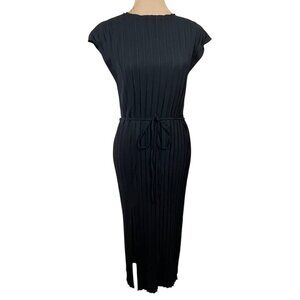 Zara Pleated Midi Dress Cap Sleeve Size S Small Black Lightweight Slit